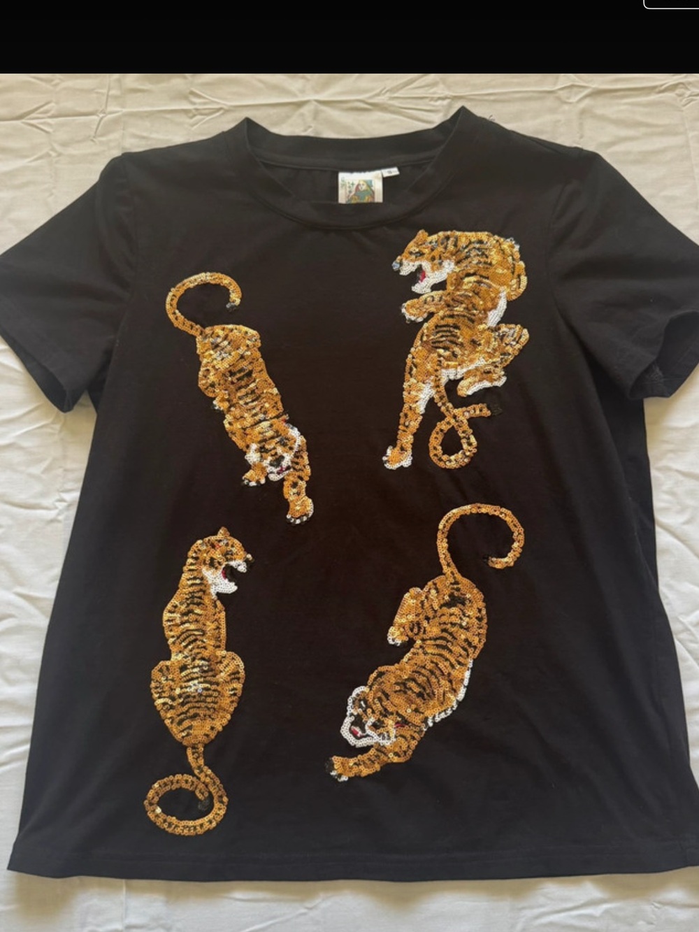 QUEEN OF SPARKLES Black Tee with Gold Sequin Tiger Motif